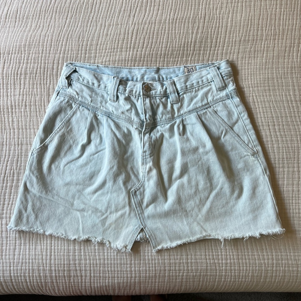 We The Free Light Wash Denim Mini Skirt with Frayed Hem